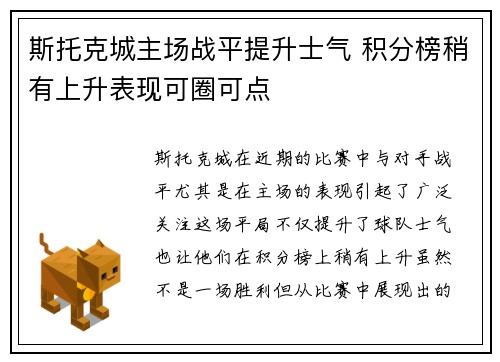 斯托克城主场战平提升士气 积分榜稍有上升表现可圈可点