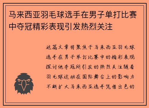 马来西亚羽毛球选手在男子单打比赛中夺冠精彩表现引发热烈关注