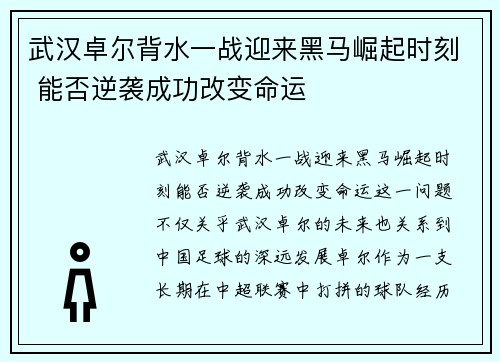 武汉卓尔背水一战迎来黑马崛起时刻 能否逆袭成功改变命运