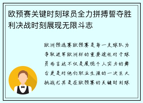 欧预赛关键时刻球员全力拼搏誓夺胜利决战时刻展现无限斗志